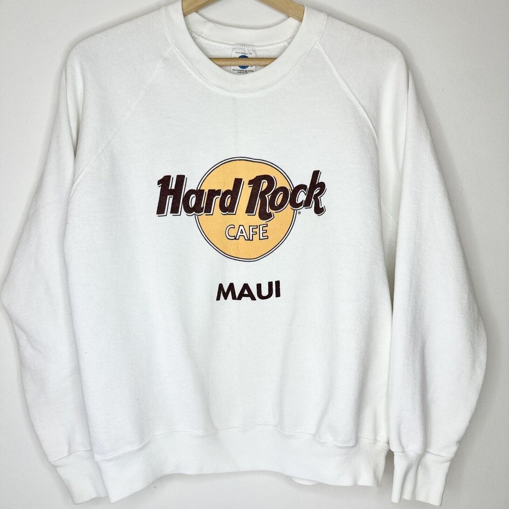 Vintage 90s Hard Rock Cafe MAUI‎ Crewneck Sweatshirt Logo White Womens Large